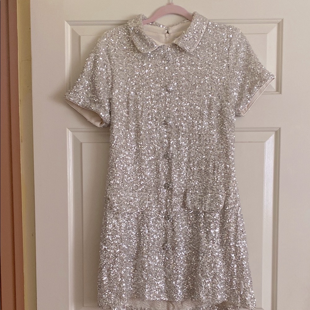 NWT MARBLE Cream Sequin Midi Dress with Peter Pan Collar, Size L